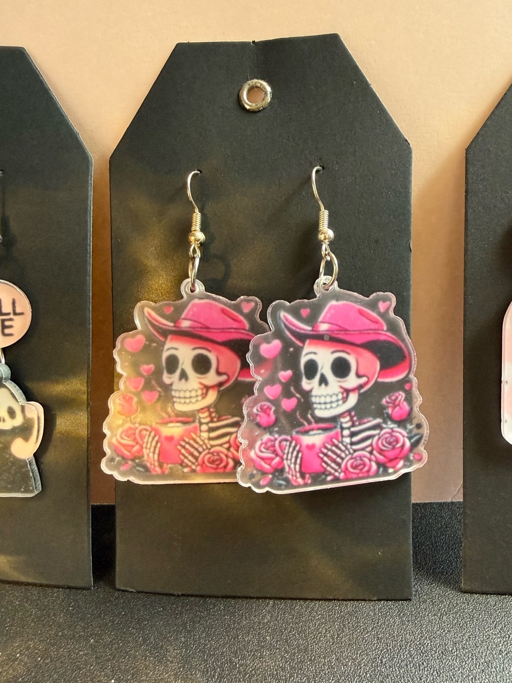 Pink Skeleton Cowboy Statement Dangle Earrings